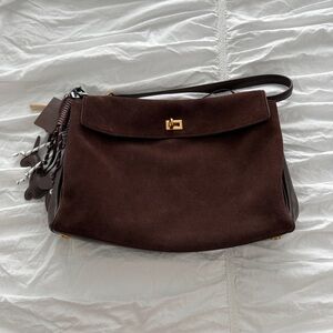 Slouchy Brown Suede Rodeo Bag with Charm keychain